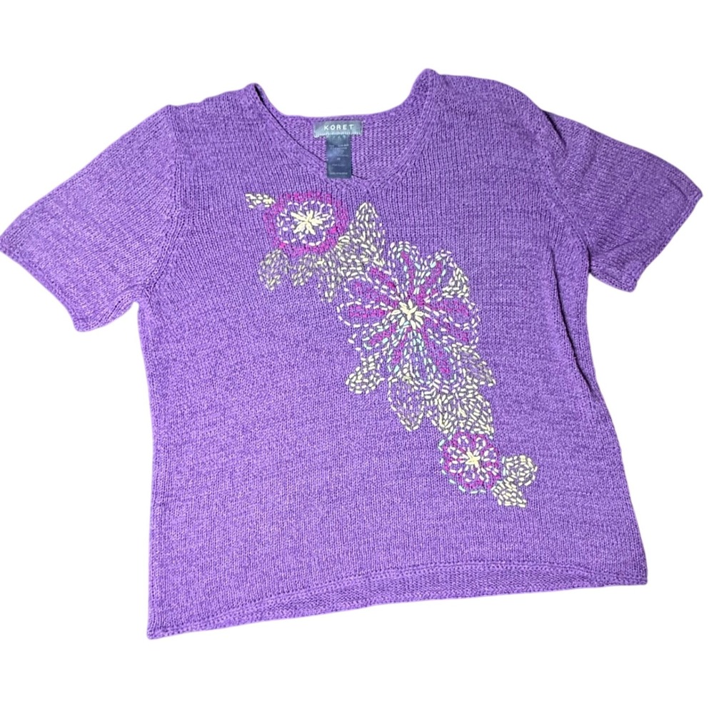 Vintage Purple Floral Embellished Knit Top Short Sleeve M cottage‎ granny core